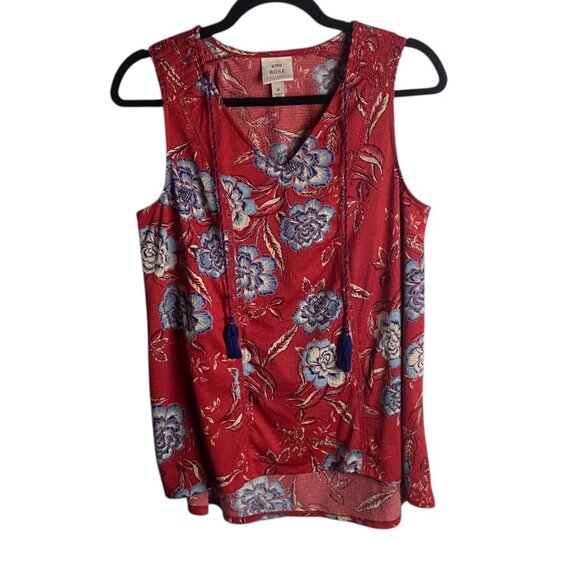 Knox Rose Size Medium Floral Tank Top Blouse Red Blue Boho Tassel Tie Textured - Picture 2 of 8